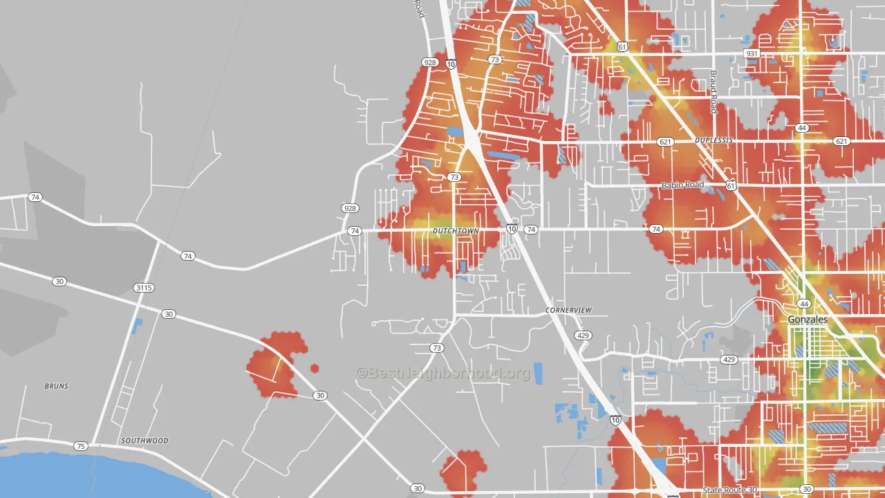 Walk Grade map of Geismar, LA, walkable areas in green and car-dependent areas in red