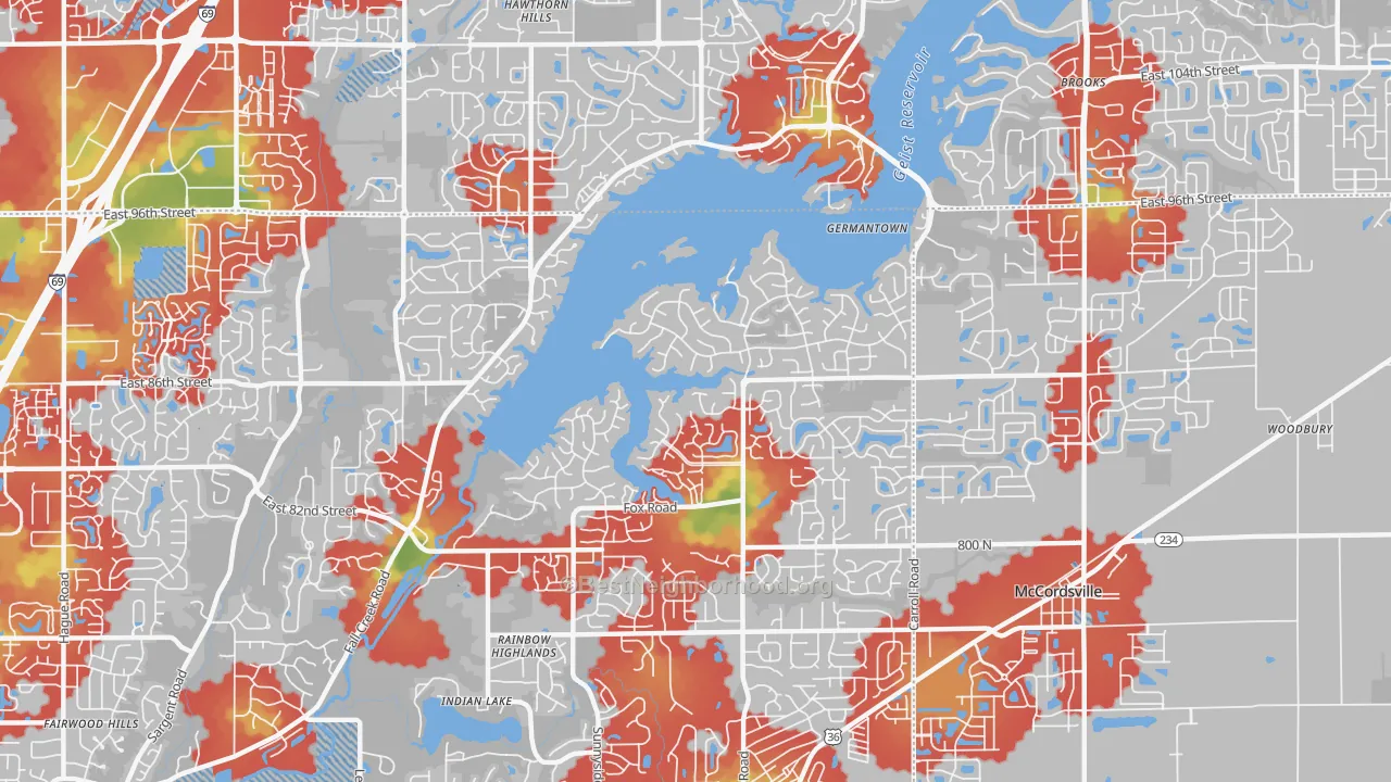 Walk Grade map of Geist, Indianapolis, IN, walkable areas in green and car-dependent areas in red