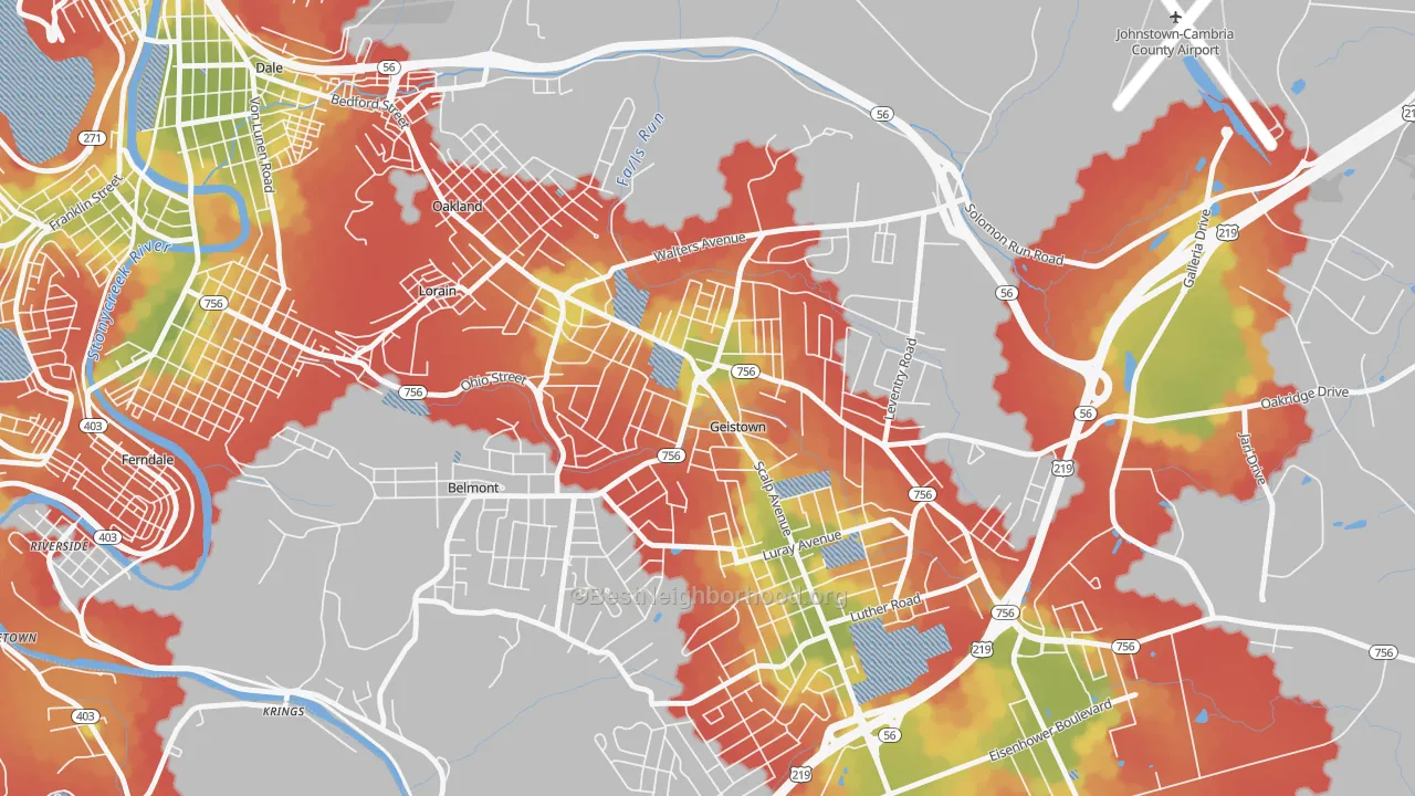 Walk Grade map of Geistown, PA, walkable areas in green and car-dependent areas in red