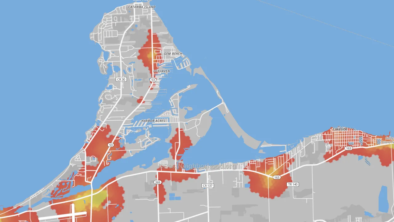 Walk Grade map of Gem Beach, OH, walkable areas in green and car-dependent areas in red