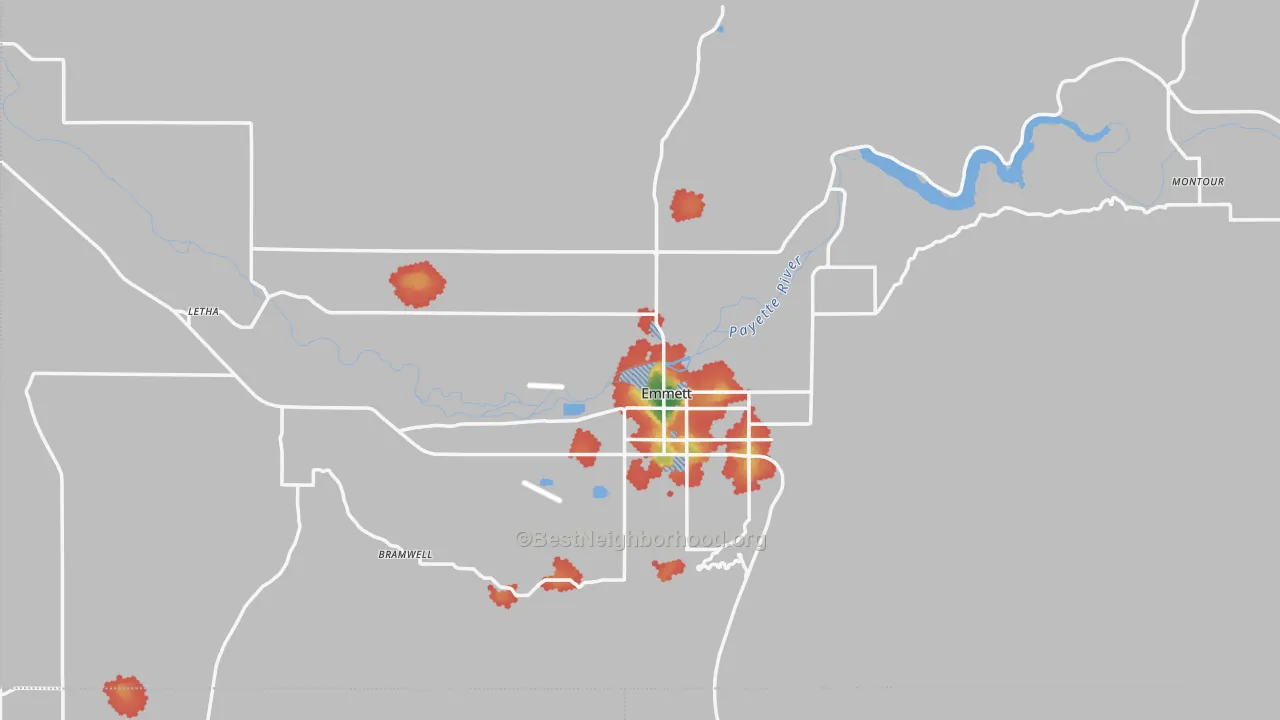 Walk Grade map of Gem County, ID, walkable areas in green and car-dependent areas in red