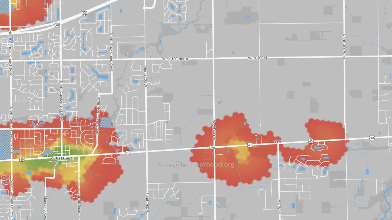 Walk Grade map of Gem, IN, walkable areas in green and car-dependent areas in red