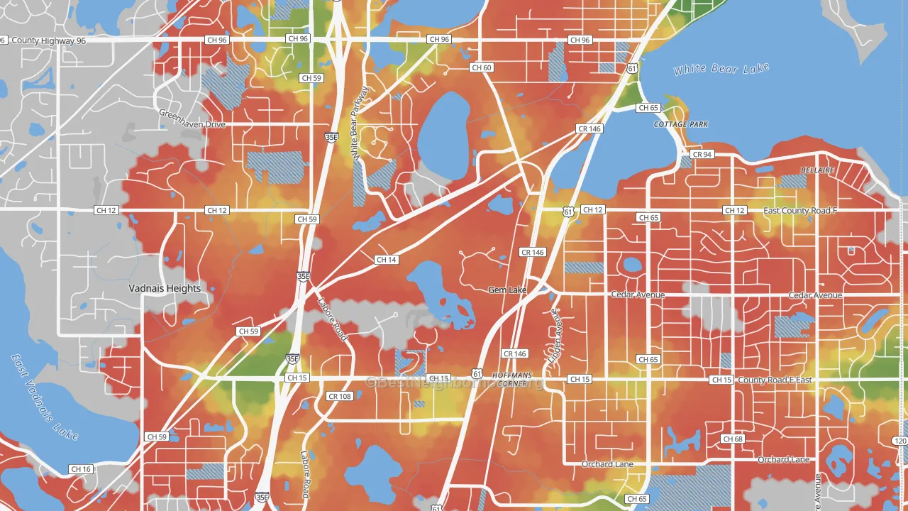 Walk Grade map of Gem Lake, MN, walkable areas in green and car-dependent areas in red