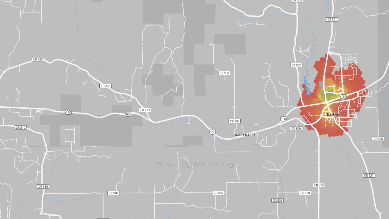 Walk Grade map of Gem Village, CO, walkable areas in green and car-dependent areas in red