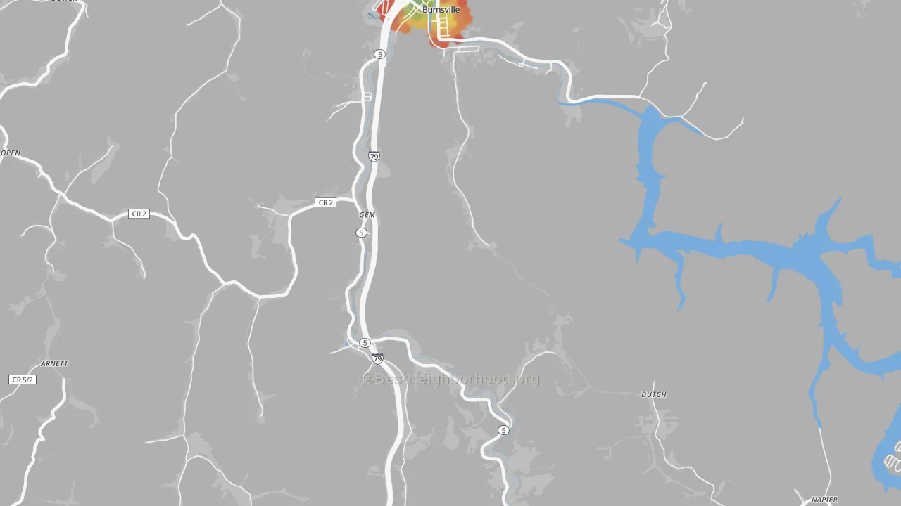 Walk Grade map of Gem, WV, walkable areas in green and car-dependent areas in red