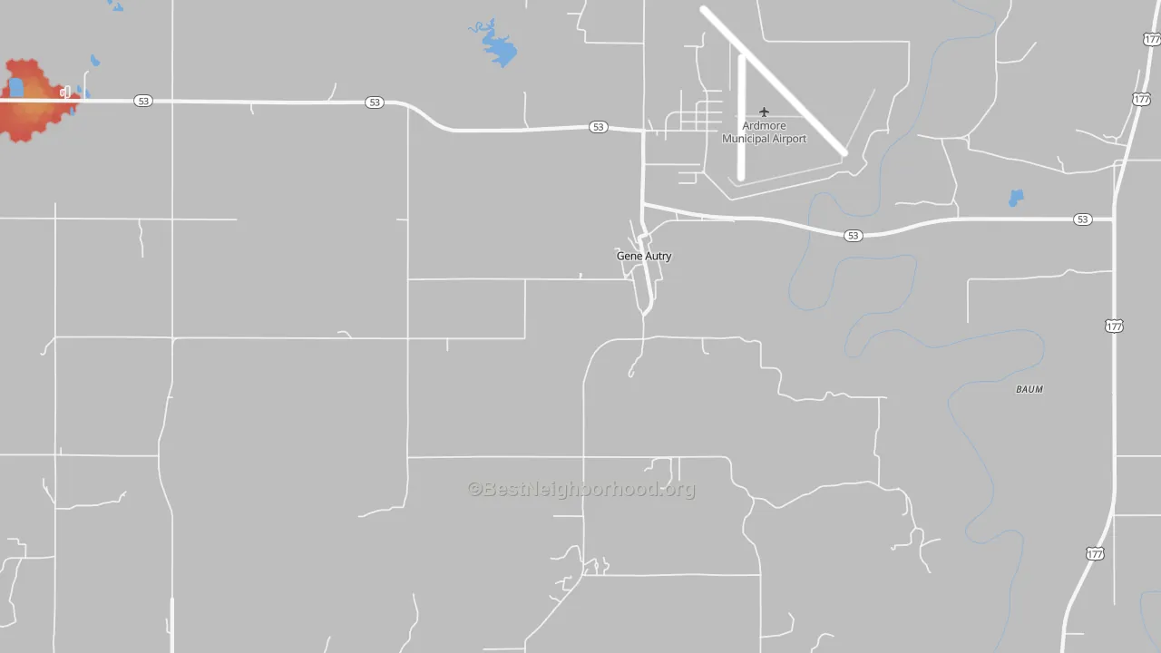 Walk Grade map of Gene Autry, OK, walkable areas in green and car-dependent areas in red
