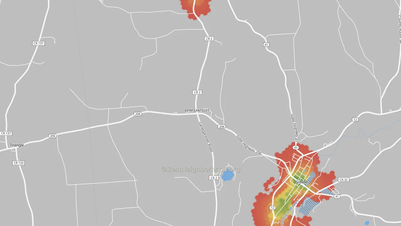 Walk Grade map of Genegantslet, NY, walkable areas in green and car-dependent areas in red