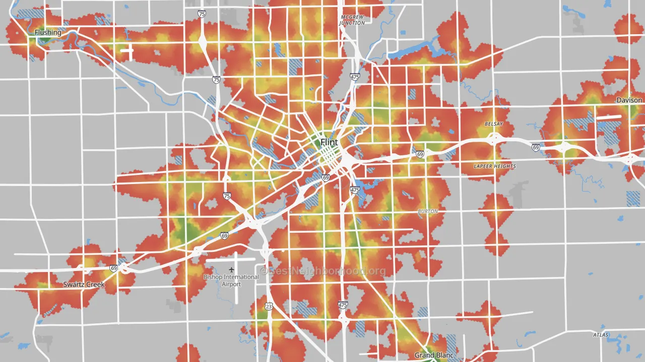 Walk Grade map of Genesee County, MI, walkable areas in green and car-dependent areas in red