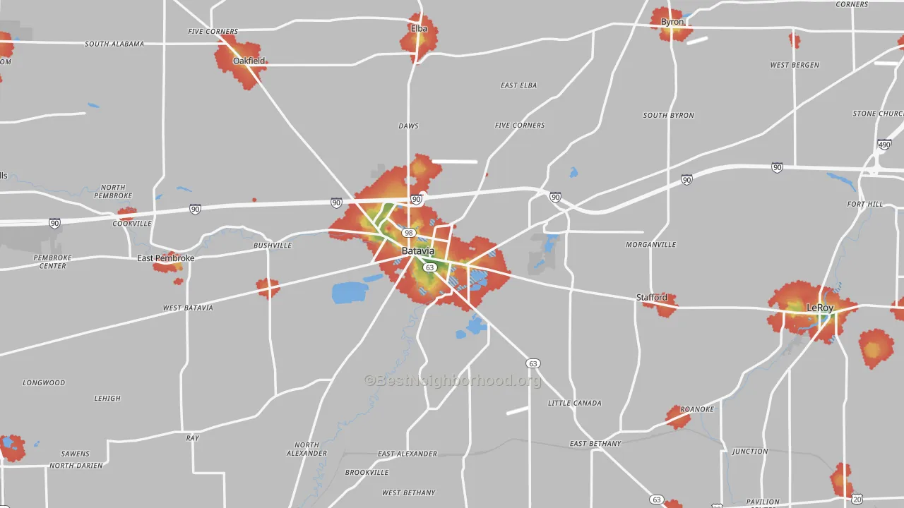 Walk Grade map of Genesee County, NY, walkable areas in green and car-dependent areas in red