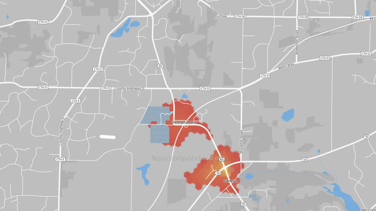 Walk Grade map of Genesee Depot, WI, walkable areas in green and car-dependent areas in red
