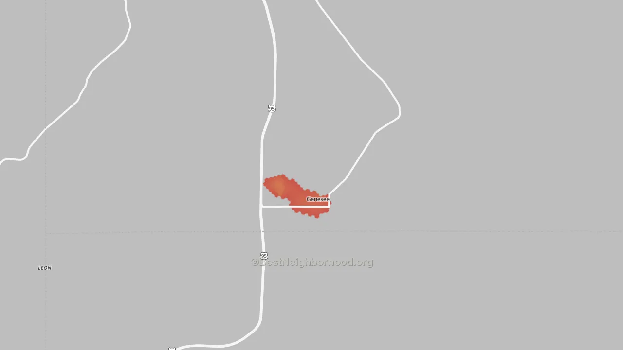 Walk Grade map of Genesee, ID, walkable areas in green and car-dependent areas in red