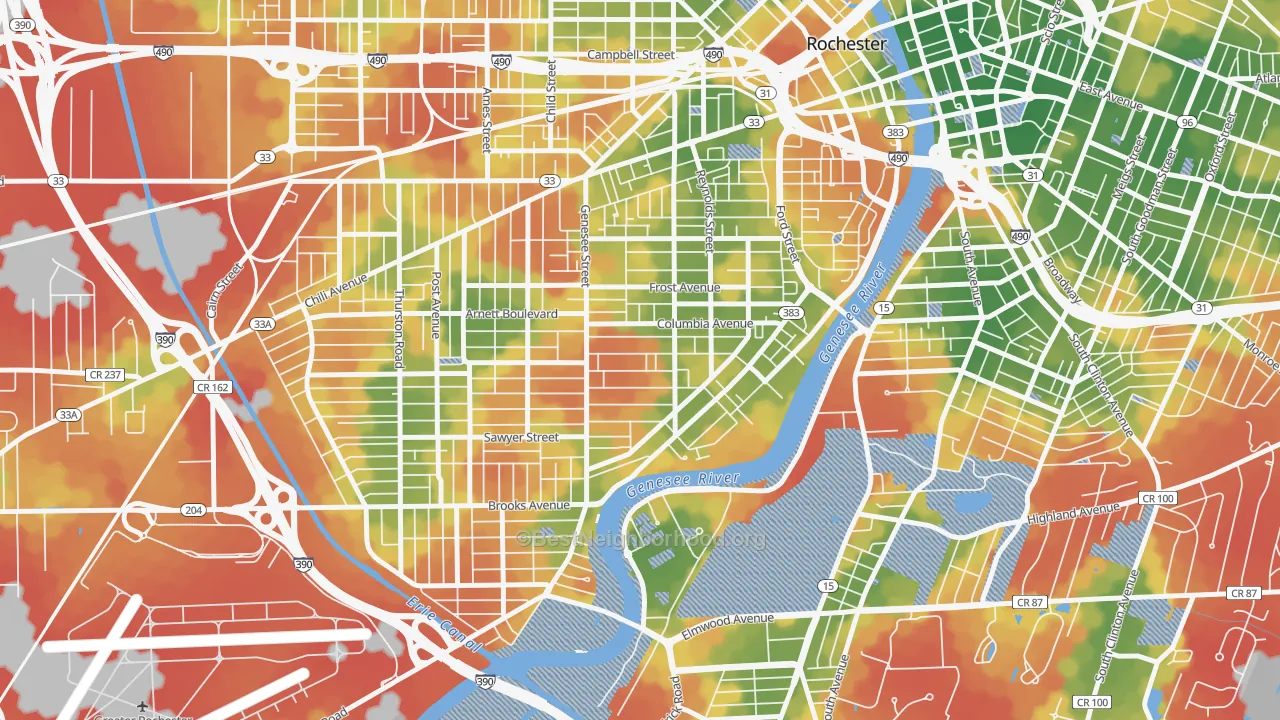 Walk Grade map of Genesee-Jefferson, Rochester, NY, walkable areas in green and car-dependent areas in red