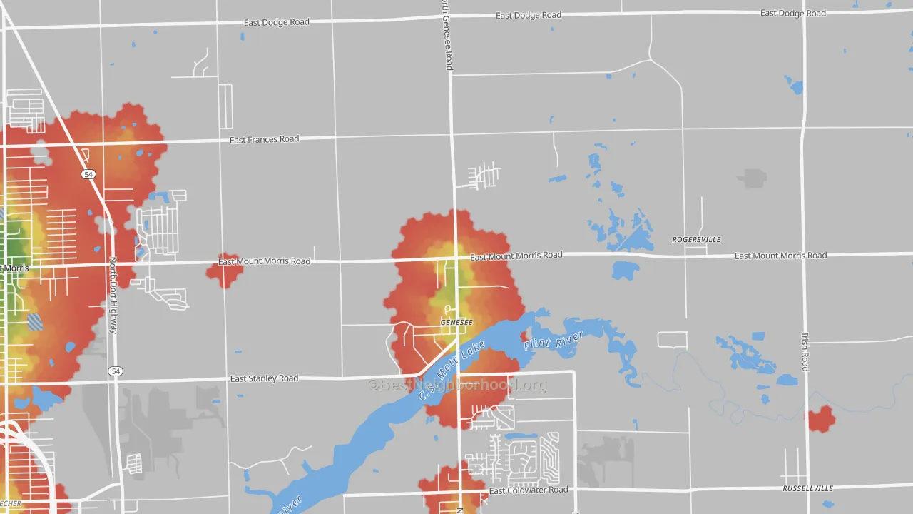Walk Grade map of Genesee, MI, walkable areas in green and car-dependent areas in red