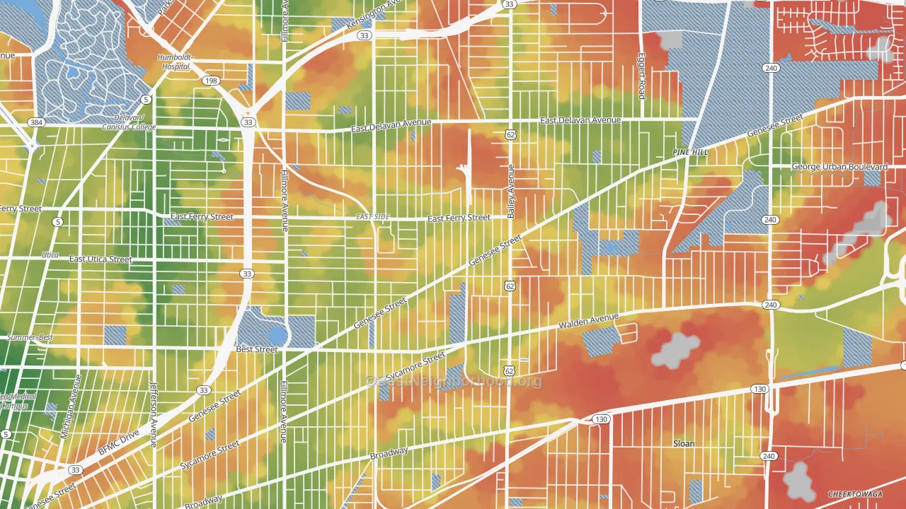 Walk Grade map of Genesee Moselle, Buffalo, NY, walkable areas in green and car-dependent areas in red
