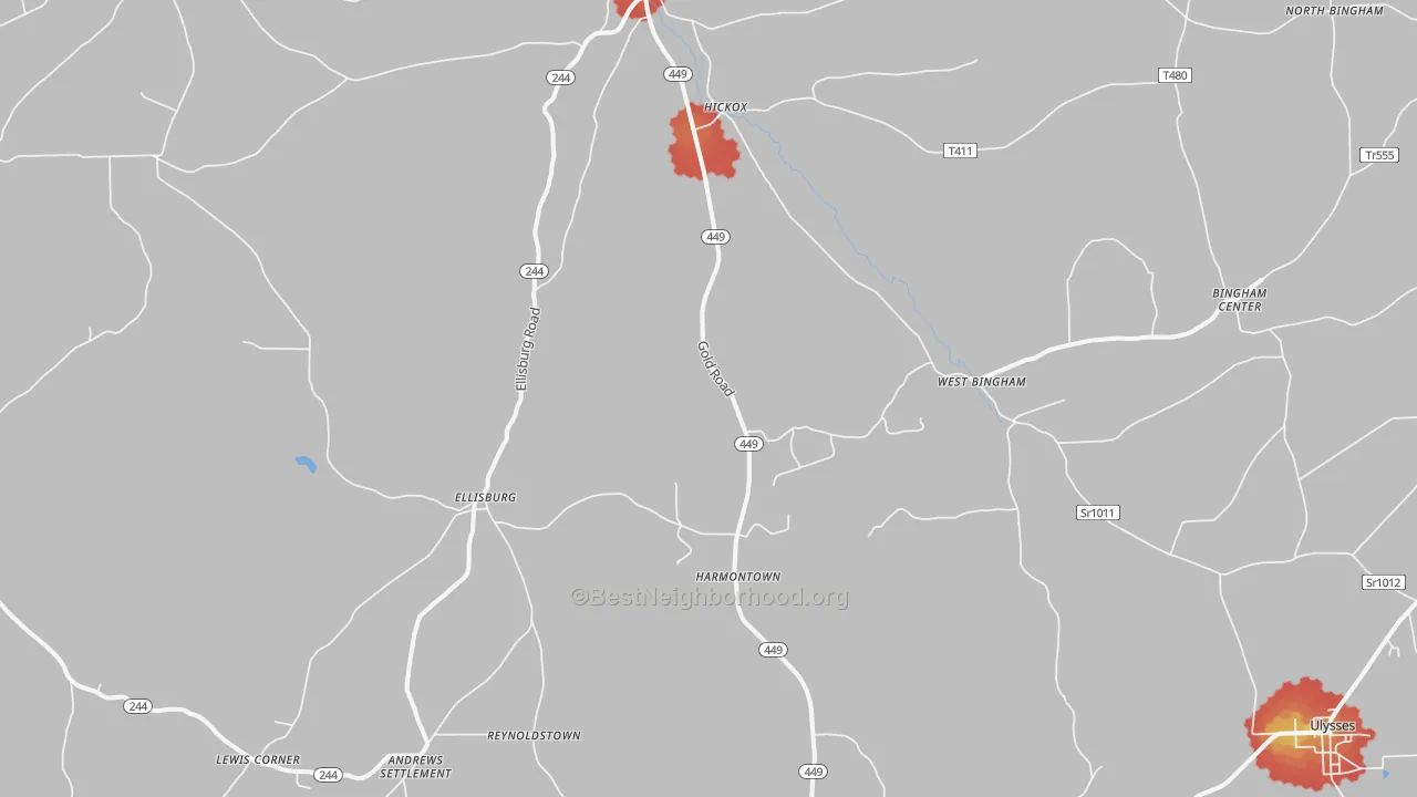 Walk Grade map of Genesee, PA, walkable areas in green and car-dependent areas in red