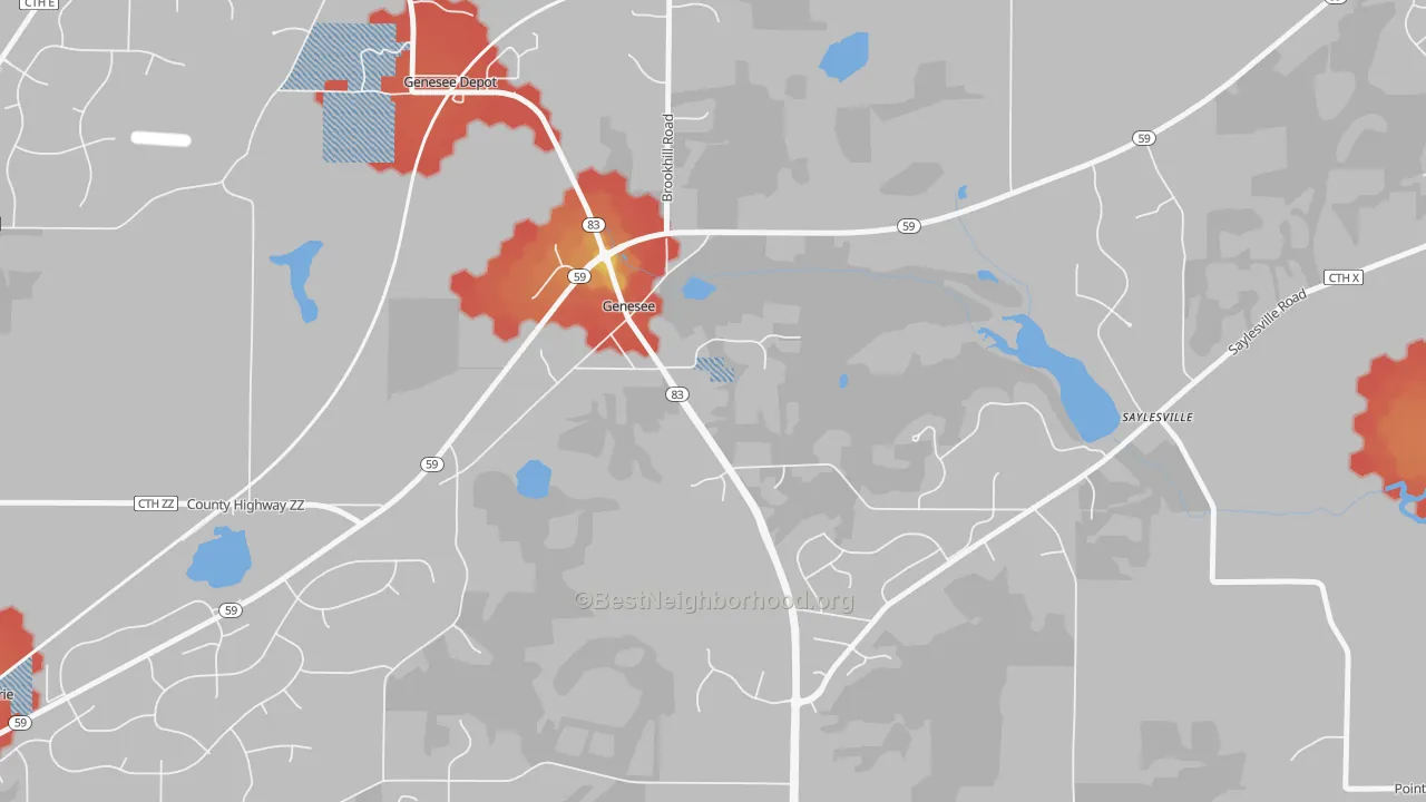 Walk Grade map of Genesee, WI, walkable areas in green and car-dependent areas in red