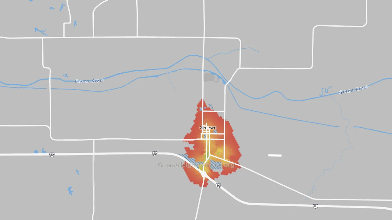 Walk Grade map of Geneseo, IL, walkable areas in green and car-dependent areas in red