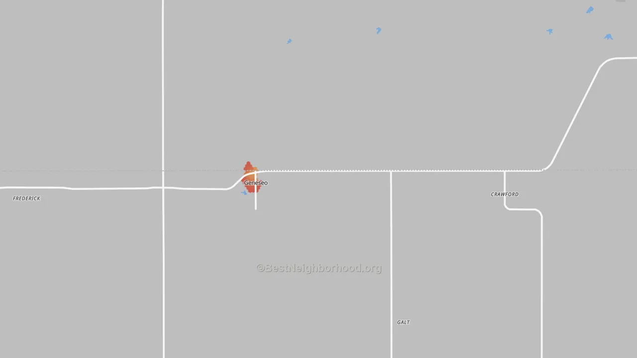 Walk Grade map of Geneseo, KS, walkable areas in green and car-dependent areas in red
