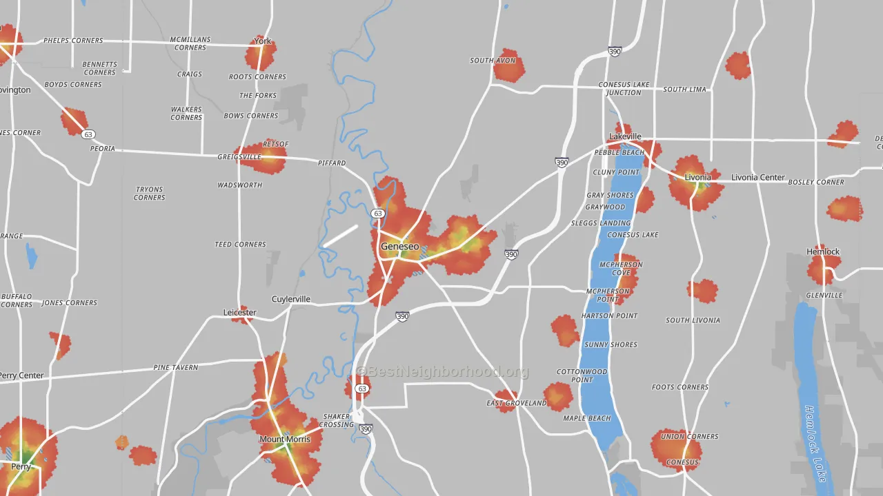 Walk Grade map of Geneseo, NY, walkable areas in green and car-dependent areas in red