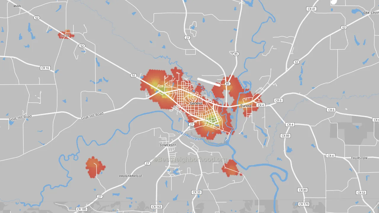 Walk Grade map of Geneva, AL, walkable areas in green and car-dependent areas in red
