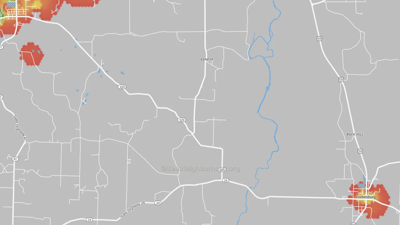 Walk Grade map of Geneva, AR, walkable areas in green and car-dependent areas in red