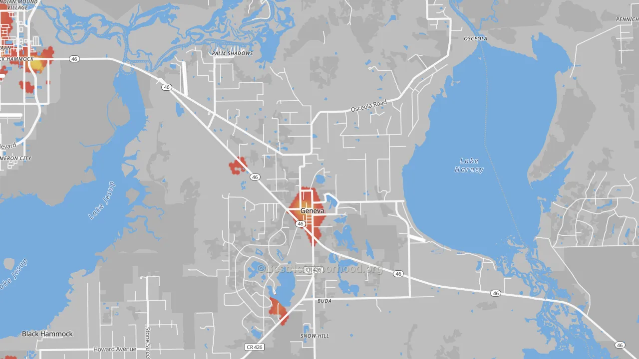 Walk Grade map of Geneva, FL, walkable areas in green and car-dependent areas in red