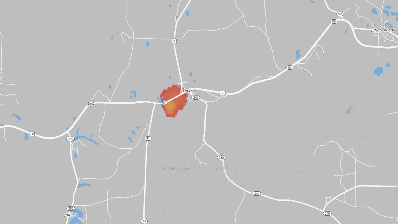 Walk Grade map of Geneva, GA, walkable areas in green and car-dependent areas in red