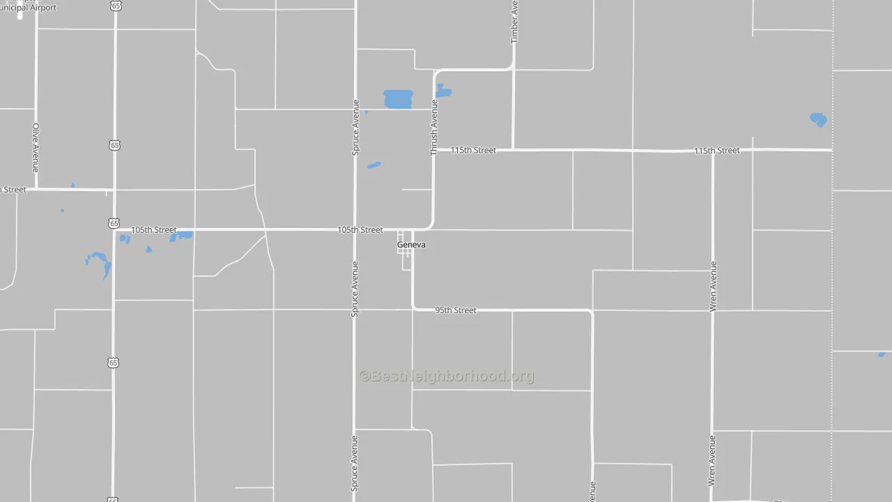 Walk Grade map of Geneva, IA, walkable areas in green and car-dependent areas in red