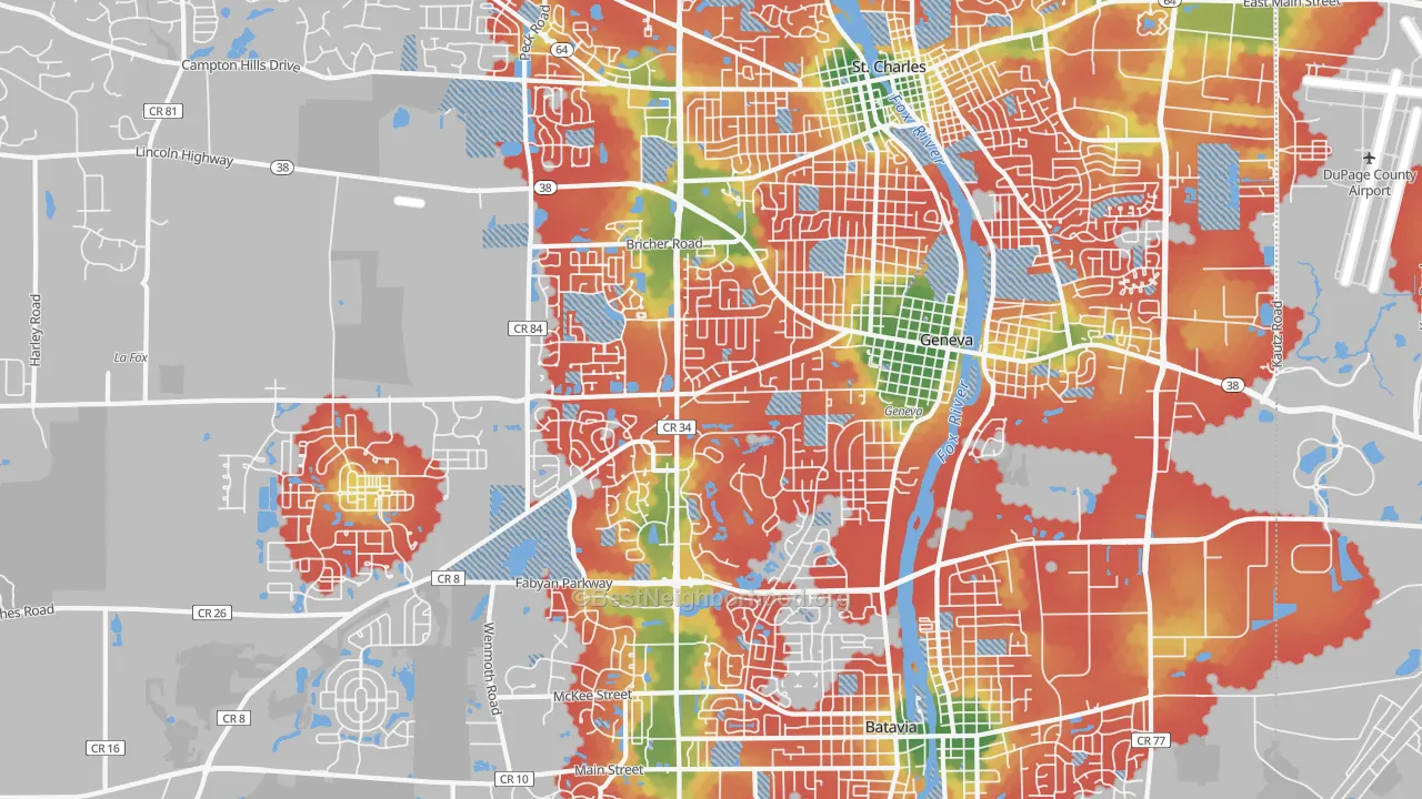 Walk Grade map of Geneva, IL, walkable areas in green and car-dependent areas in red