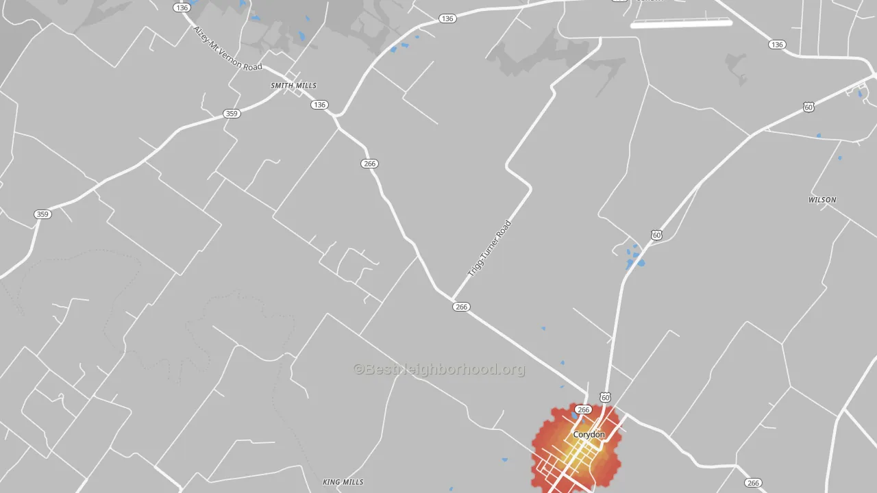 Walk Grade map of Geneva, KY, walkable areas in green and car-dependent areas in red