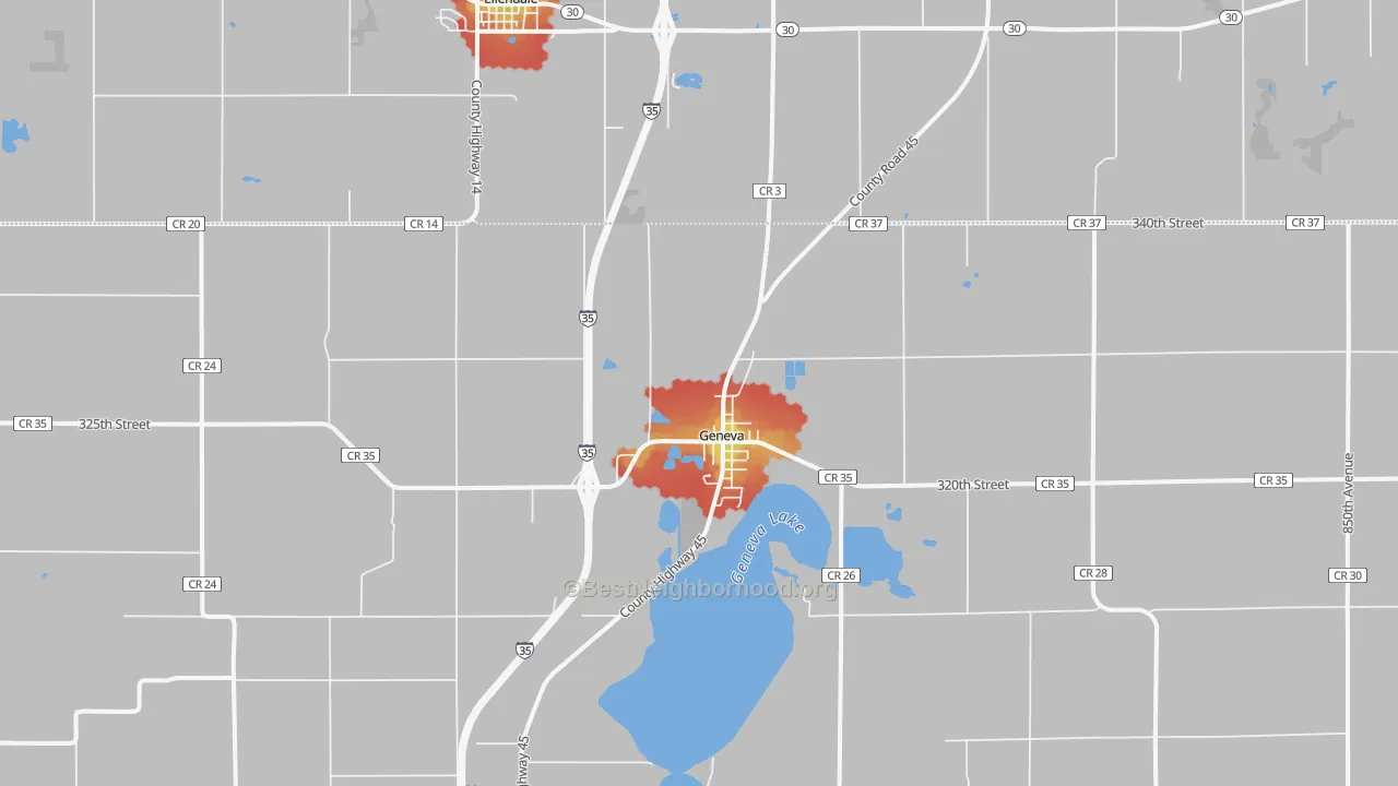 Walk Grade map of Geneva, MN, walkable areas in green and car-dependent areas in red