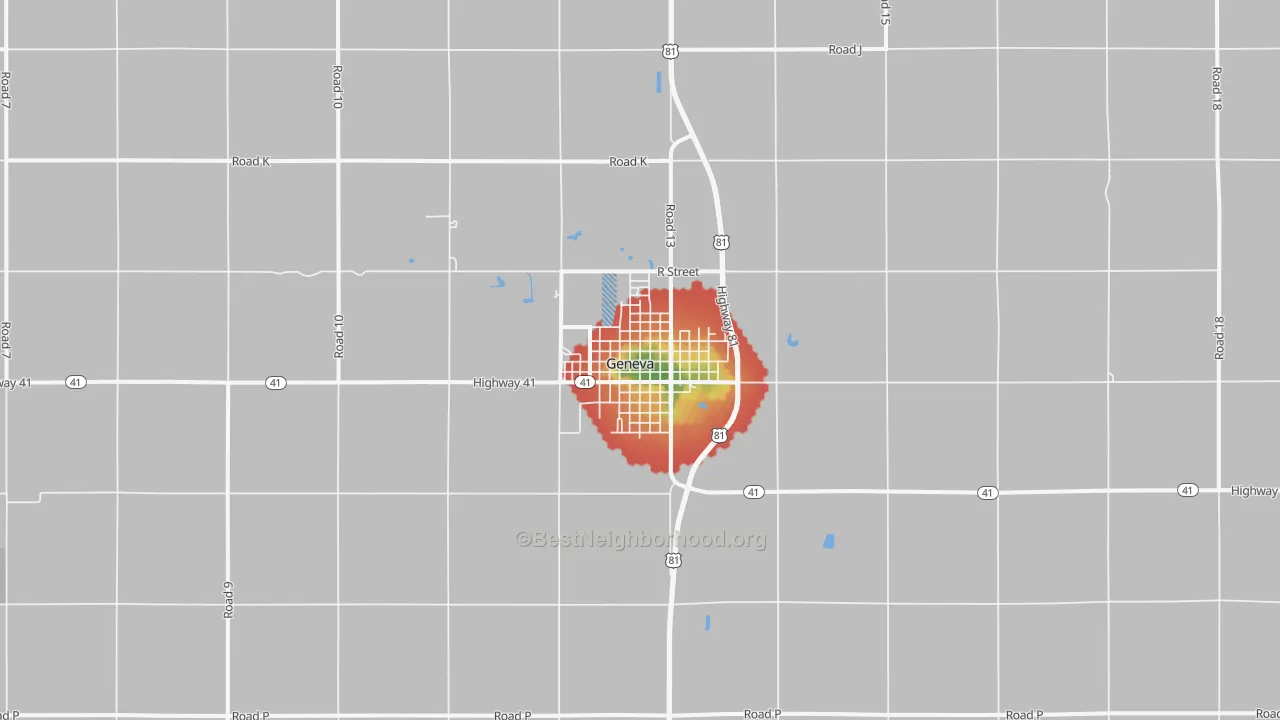 Walk Grade map of Geneva, NE, walkable areas in green and car-dependent areas in red