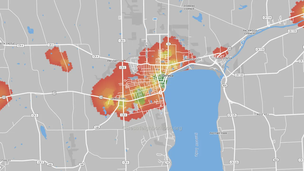 Walk Grade map of Geneva, NY, walkable areas in green and car-dependent areas in red
