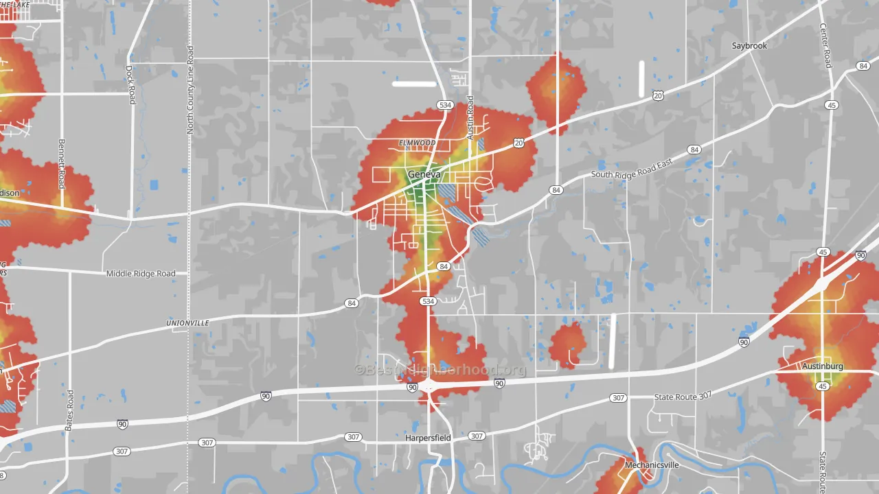 Walk Grade map of Geneva, OH, walkable areas in green and car-dependent areas in red