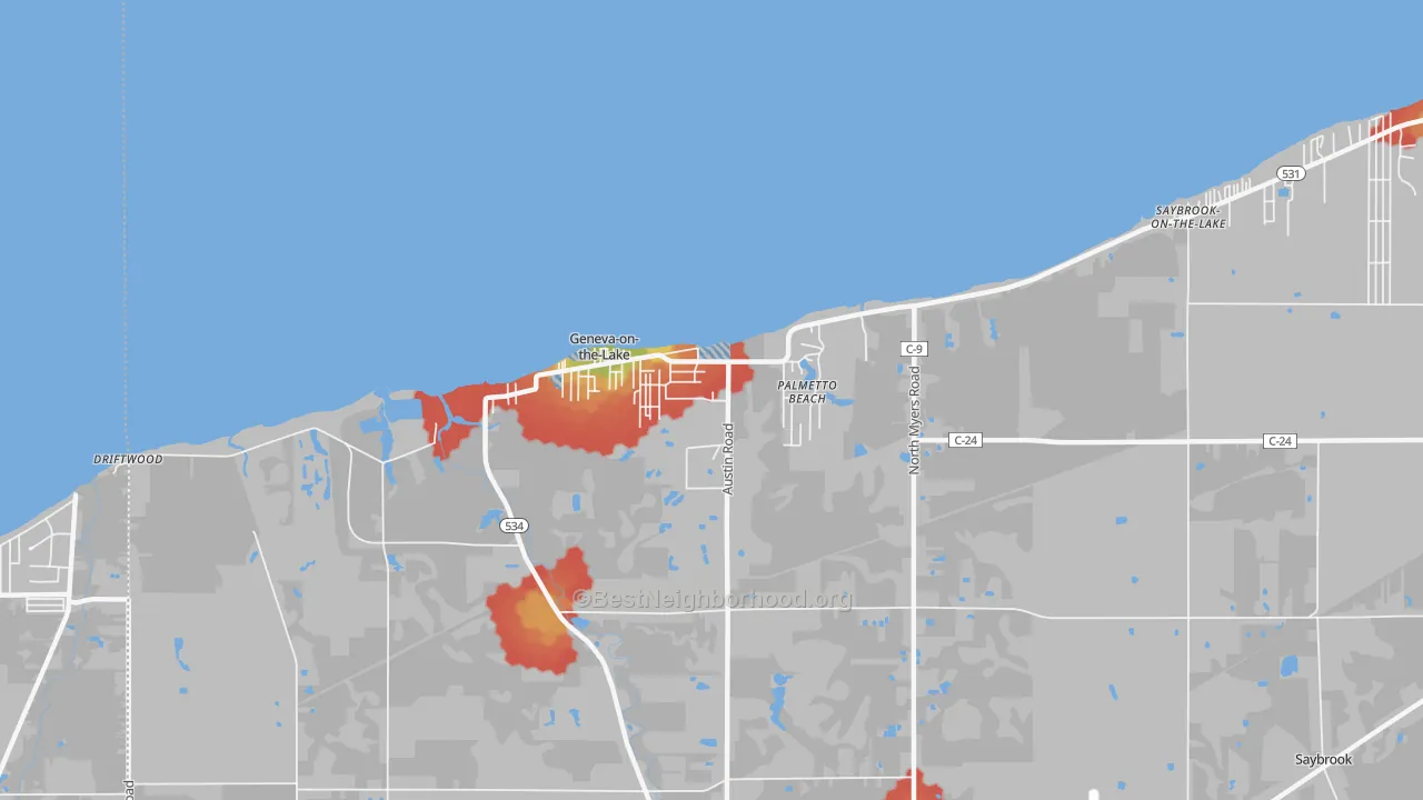 Walk Grade map of Geneva-on-the-Lake, OH, walkable areas in green and car-dependent areas in red