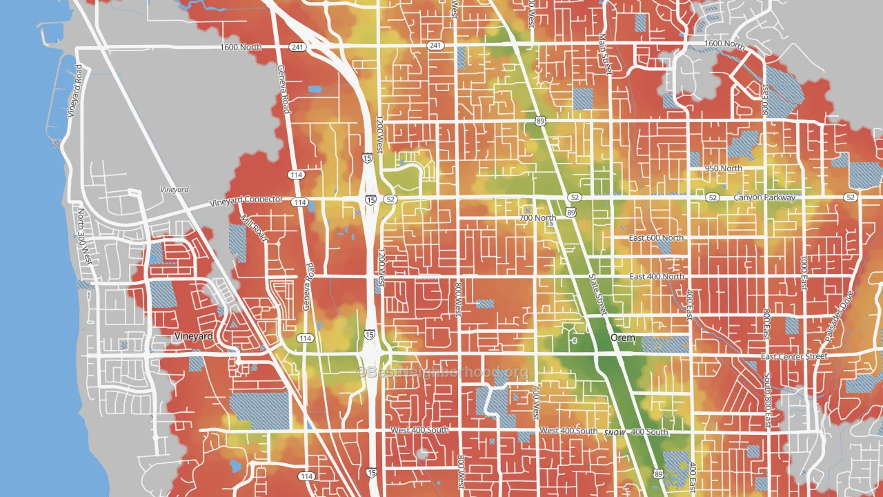 Walk Grade map of Geneva, Orem, UT, walkable areas in green and car-dependent areas in red