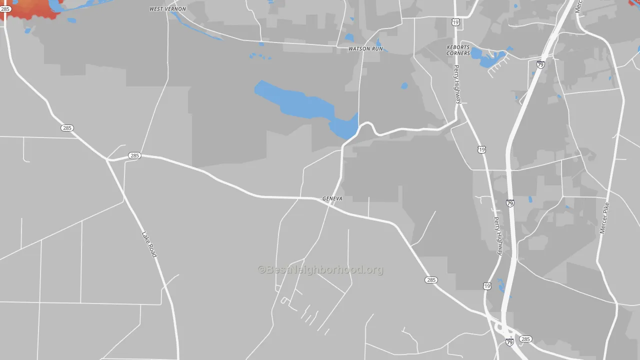 Walk Grade map of Geneva, PA, walkable areas in green and car-dependent areas in red