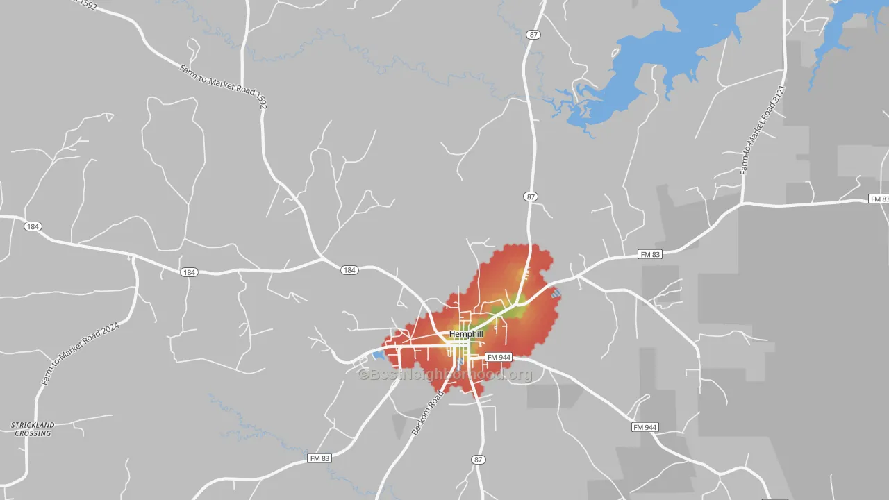 Walk Grade map of Geneva, TX, walkable areas in green and car-dependent areas in red