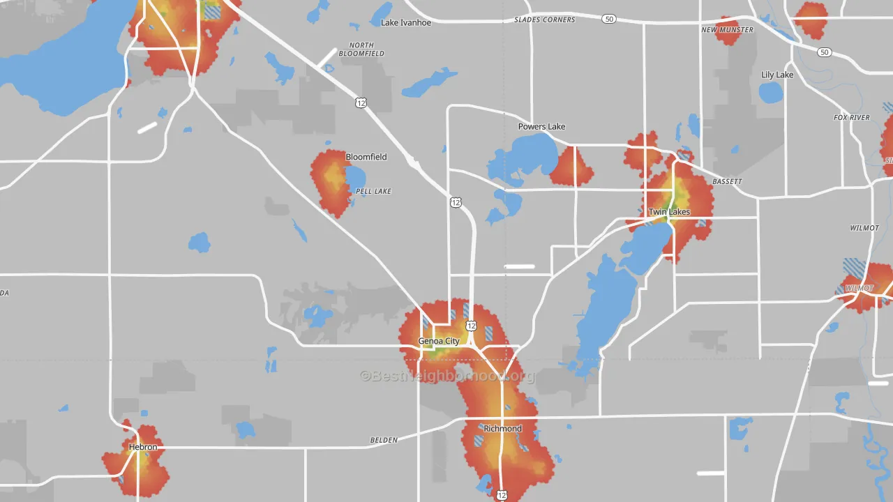 Walk Grade map of Genoa City, WI, walkable areas in green and car-dependent areas in red
