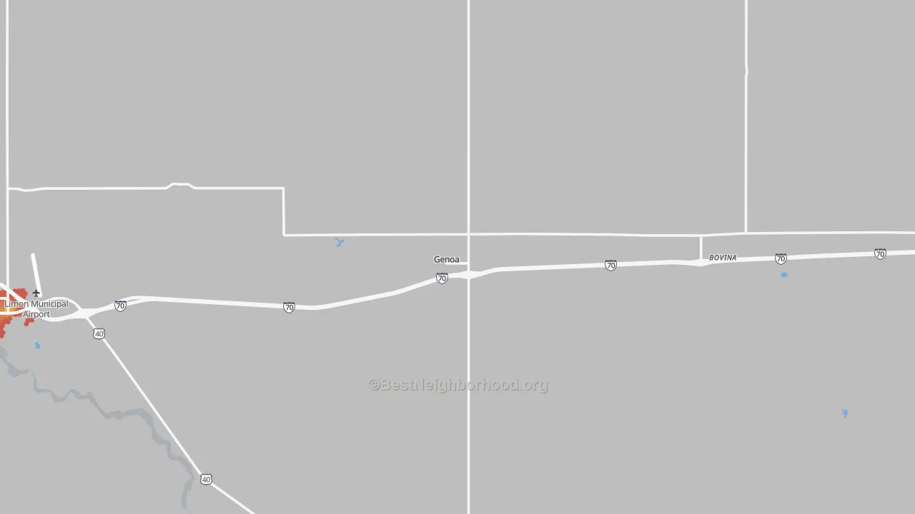 Walk Grade map of Genoa, CO, walkable areas in green and car-dependent areas in red