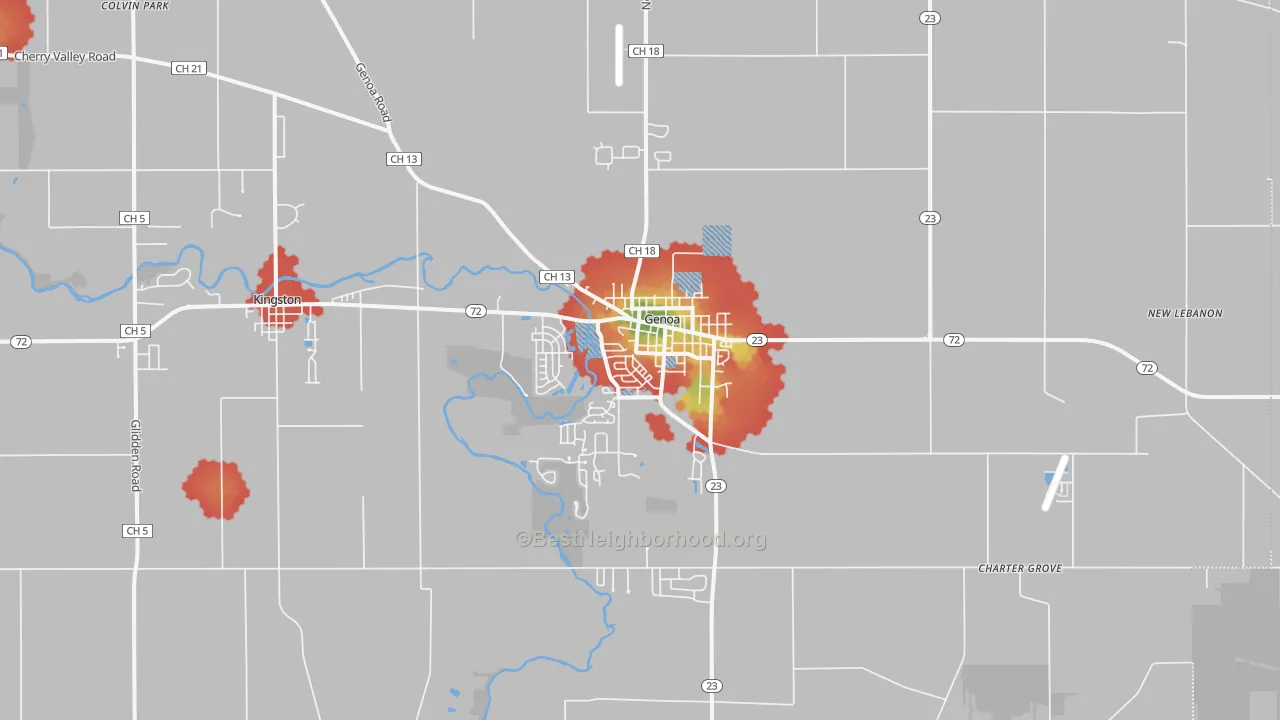 Walk Grade map of Genoa, IL, walkable areas in green and car-dependent areas in red