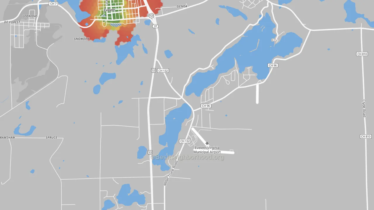 Walk Grade map of Genoa, MN, walkable areas in green and car-dependent areas in red