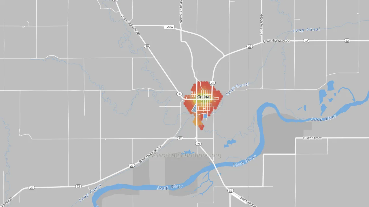 Walk Grade map of Genoa, NE, walkable areas in green and car-dependent areas in red