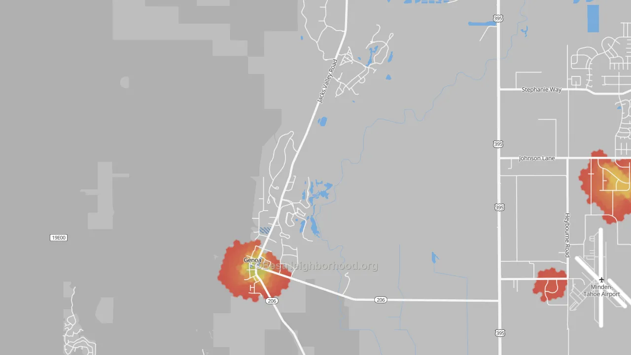 Walk Grade map of Genoa, NV, walkable areas in green and car-dependent areas in red