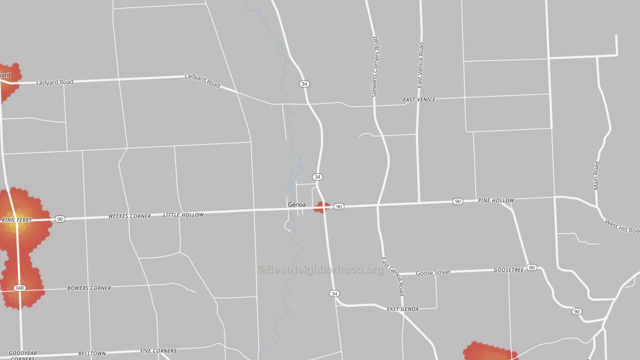 Walk Grade map of Genoa, NY, walkable areas in green and car-dependent areas in red