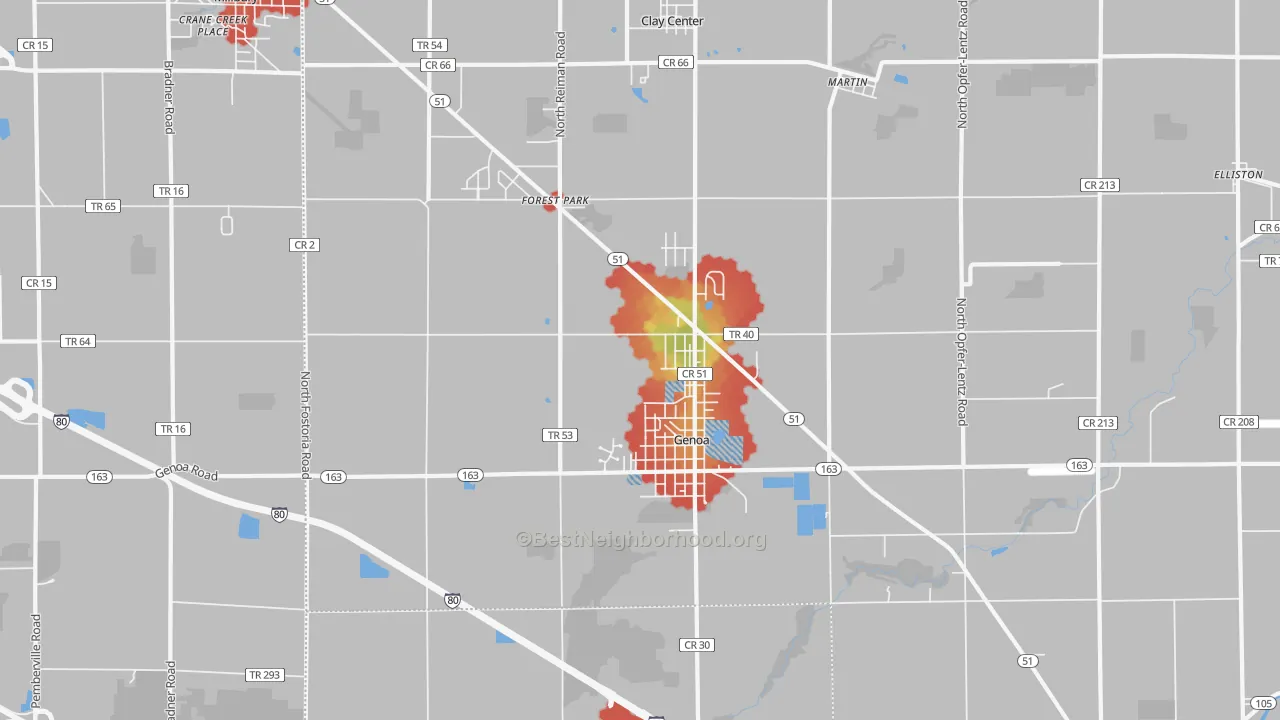 Walk Grade map of Genoa, OH, walkable areas in green and car-dependent areas in red