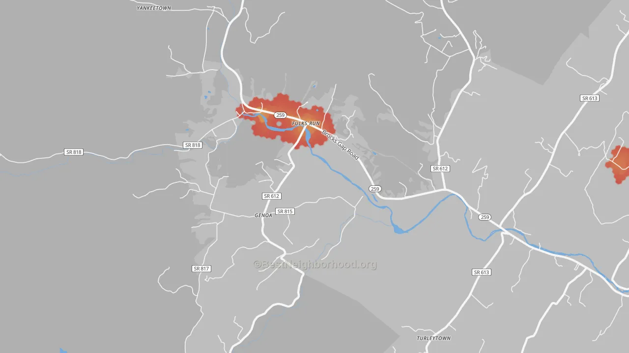 Walk Grade map of Genoa, VA, walkable areas in green and car-dependent areas in red