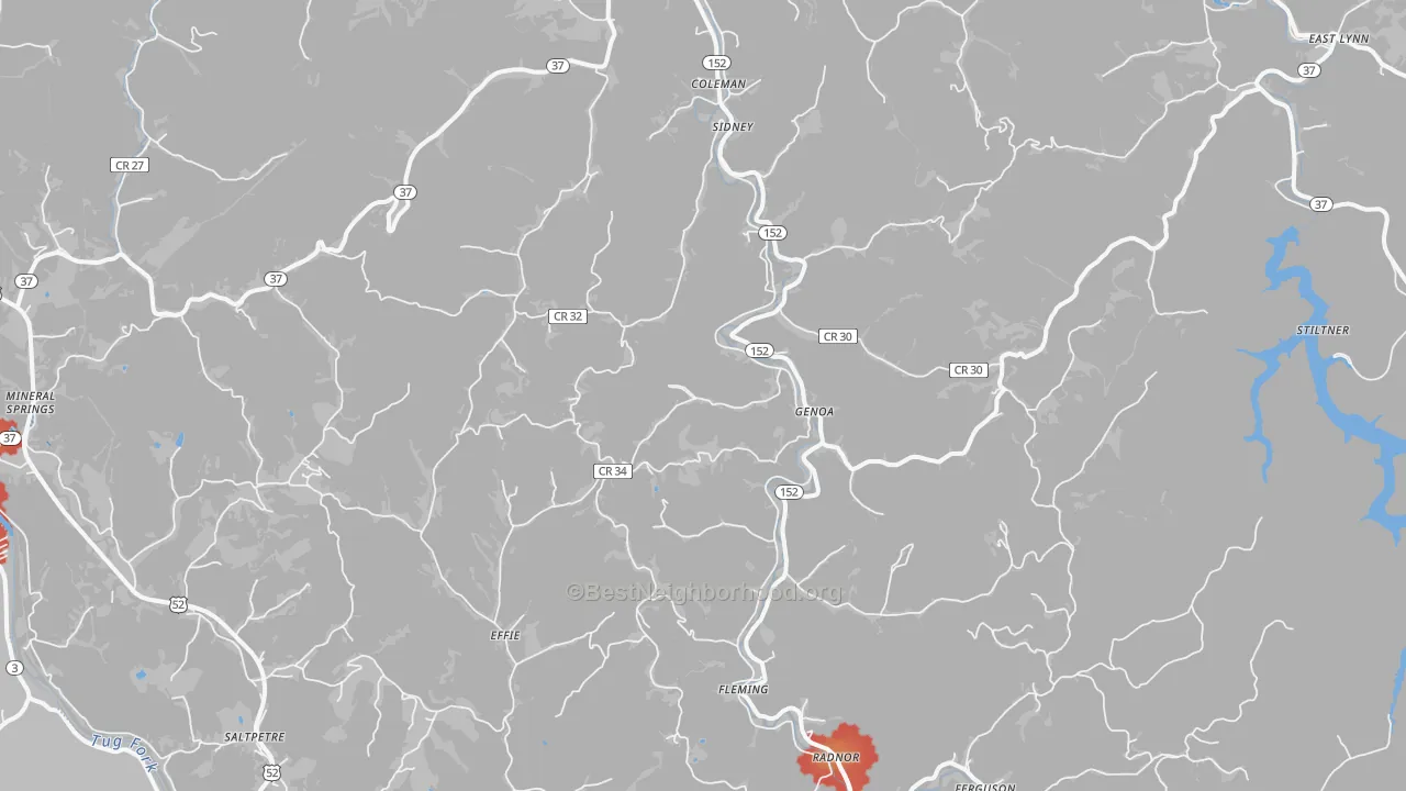 Walk Grade map of Genoa, WV, walkable areas in green and car-dependent areas in red