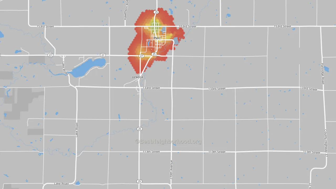 Walk Grade map of Genola, MN, walkable areas in green and car-dependent areas in red