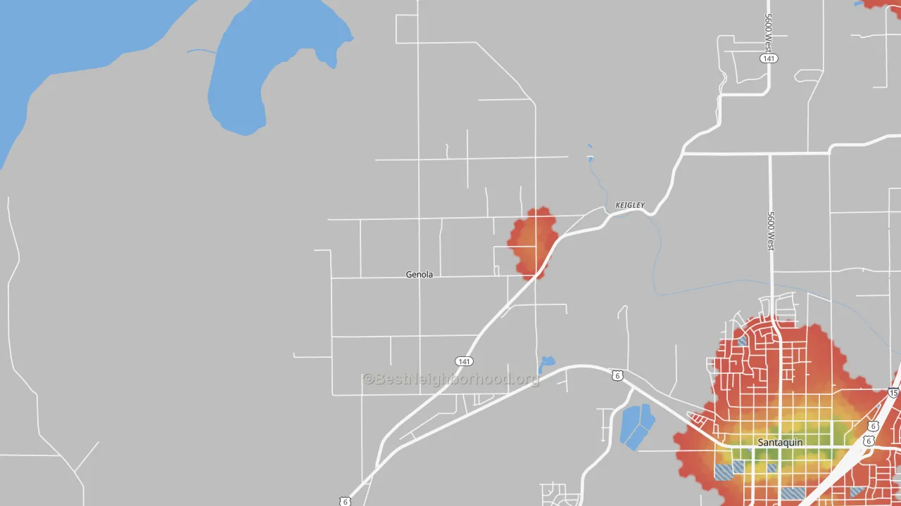 Walk Grade map of Genola, UT, walkable areas in green and car-dependent areas in red